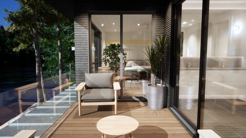 Covered timber terrace with lounge chairs beside lake-facing bedroom doors.