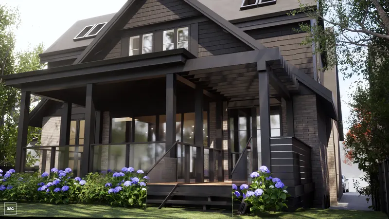 Timber posts and a slatted canopy frame a garden porch above flowering hydrangeas.