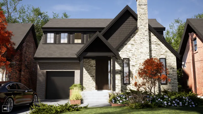 Stone chimney and shingled gables above a recessed entrance and garage.