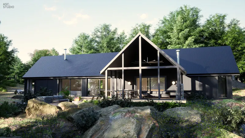 Black cottage with a deep gabled porch and timber posts above a rocky garden.