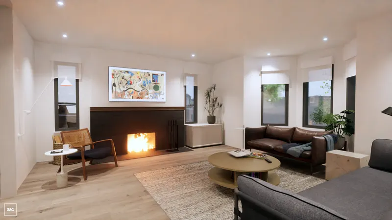 Fireplace and low seating in a bright living room with pale oak floors.