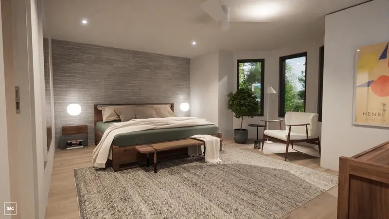 Timber bed and bedside tables against a textured grey wall.