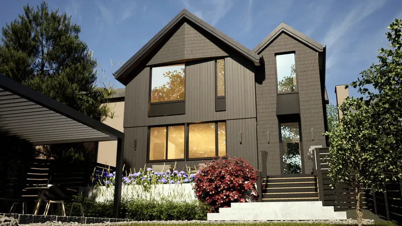 Black-clad gabled addition above a planted terrace with stone steps and a pergola.