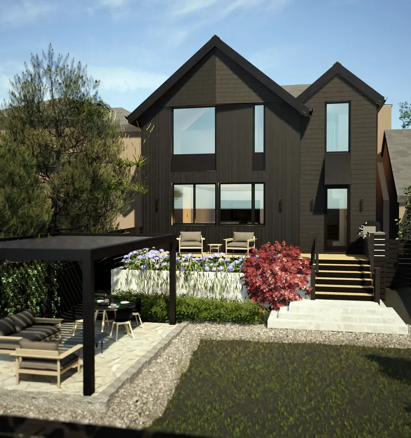 View across the garden toward tall windows, a raised deck and a red maple.