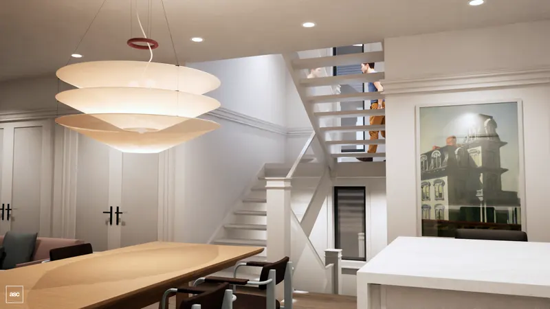 Open white stair beside a dining table and tall framed artwork.