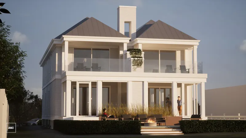 White house with stacked covered terraces, a central chimney and a garden fire pit.