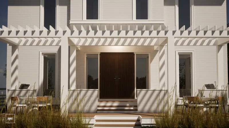 White pergola casting striped shadows over timber entry doors and terrace seating.