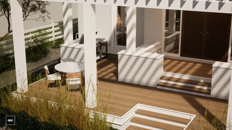 Timber terrace steps and a round dining table beneath white pergola beams.