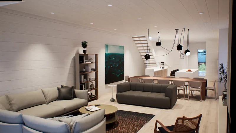 Open living and dining room with white timber walls, pale floors and black hanging lights.
