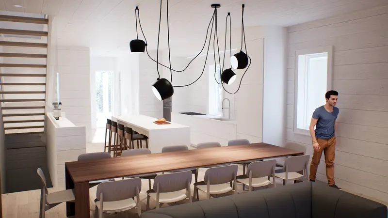 Timber dining table beneath black pendants, with an open stair and kitchen beyond.